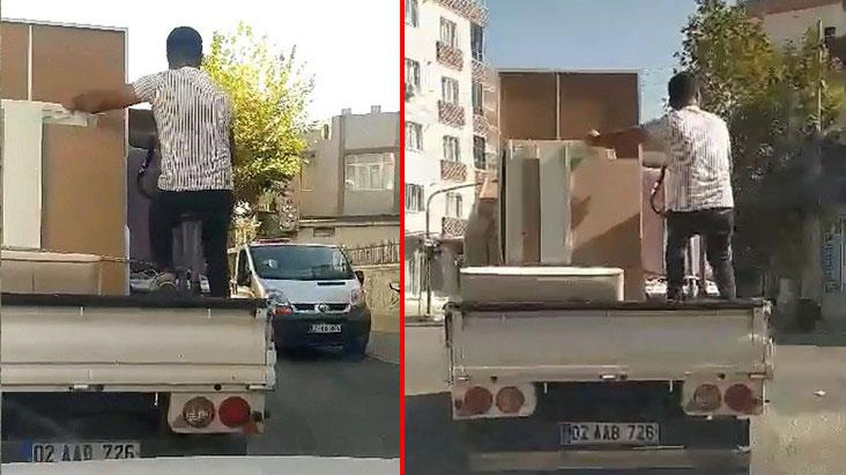 Kamyonet üzerindeki alette spor yapan vatandaş kameralara takıldı
