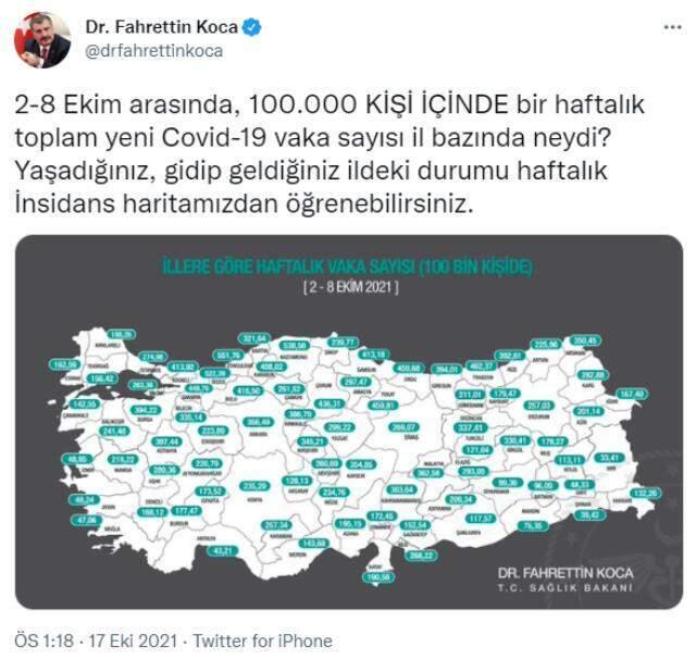 Son Dakika: 100 bin kişide görülen haftalık vaka haritasında Zonguldak, 551,76 ile en fazla vakanın görüldüğü il oldu