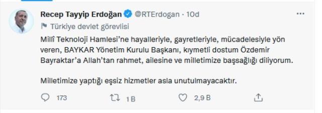 Cumhurbaşkanı Erdoğan'dan Özdemir Bayraktar için başsağlığı bildirisi