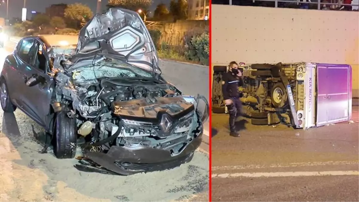 İstanbul'un göbeğinde korkutan kaza! Otomobil savruldu, kamyonet devrildi
