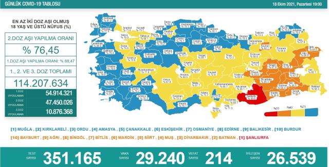 Son Dakika: Türkiye'de 18 Ekim günü koronavirüs nedeniyle 214 kişi vefat etti, 29 bin 240 yeni hadise tespit edildi