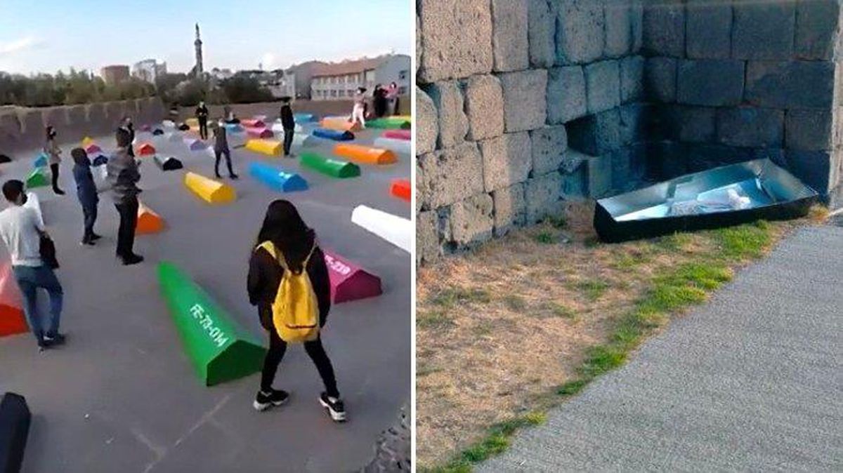 Diyarbakır'daki 'Hafıza Odası' sergisinde protesto! Tabutları surlardan aşağıya attılar