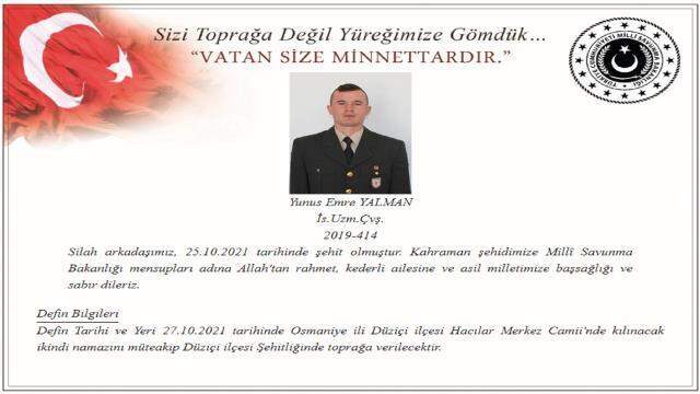 Şehit İstihkam Uzm. Çvş. Yunus Emre Yalman kimdir? Yunus Emre Yalman kaç yaşında şehit oldu, nereli?
