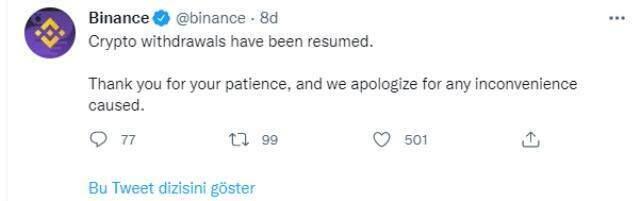 İki kez para çekme işlemleri askıya alınan Binance'da her şey normale döndü İki kez para çekme işlemleri askıya alınan Binance'da her şey normale döndü