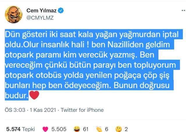 Gösterisi iptal olan Cem Yılmaz, parasını geri isteyenlere latifeyle karışık sitem etti