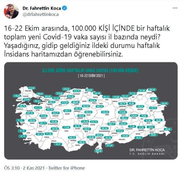 Vilayet il koronavirüs olay sayıları kaçtır? 16-22 Ekim Vilayet il şimdiki koronavirüs risk haritası ve haftalık hadise sayıları açıklandı mı?