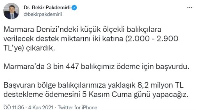 Marmara'daki balıkçılara dayanak ödemeleri yarın yapılacak