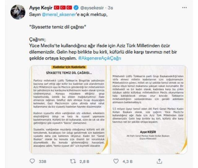 AK Partili Keşir'den Akşener'e mektup: Küfürlü dil kullanarak siyasetin bacısı olamazsınız AK Partili Keşir'den Akşener'e mektup: Küfürlü dil kullanarak siyasetin bacısı olamazsınız