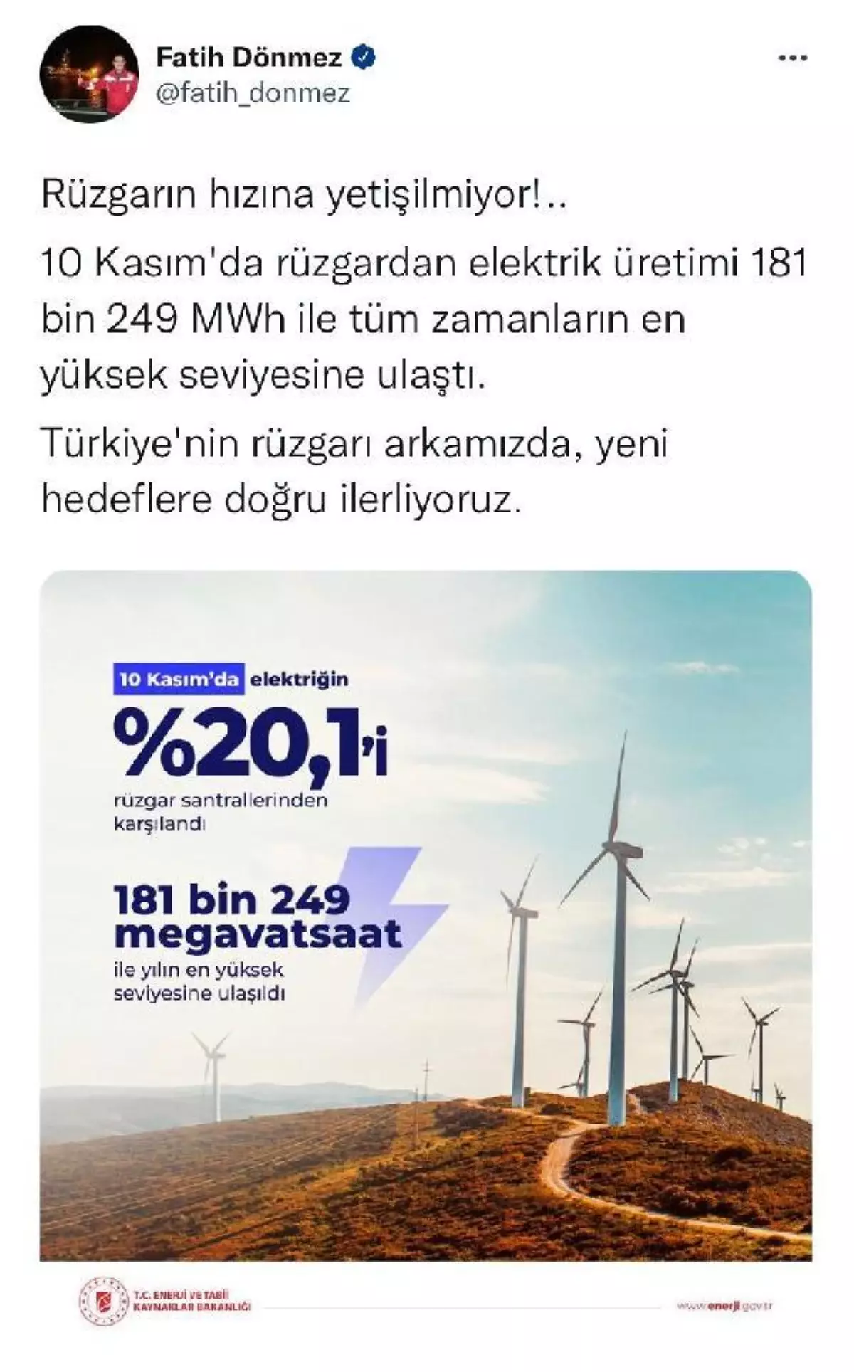 Bakan Dönmez: Rüzgardan elektrik üretimi tüm zamanların en yüksek seviyesine ulaştı