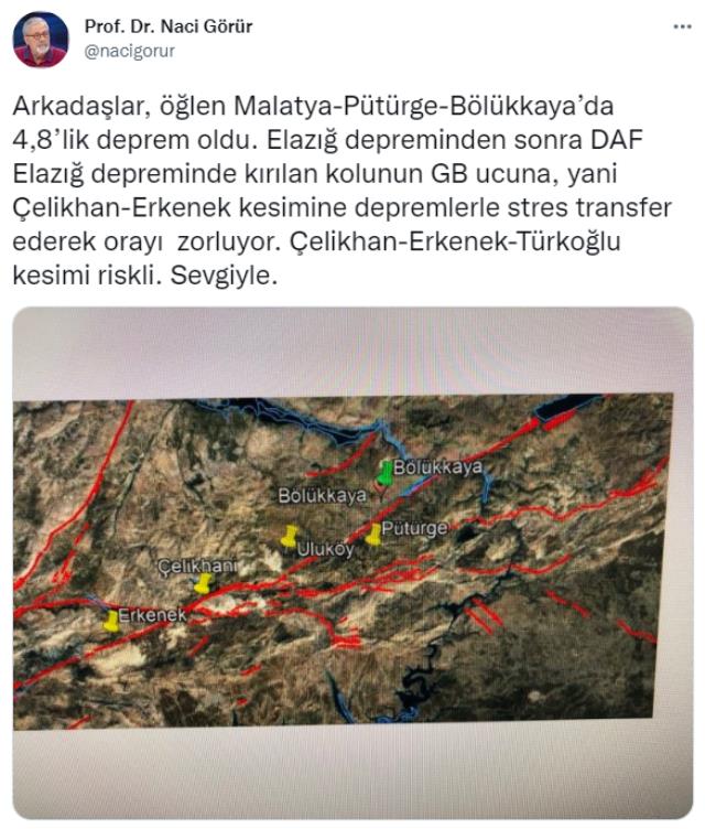 Prof. Dr. Naci Görür'den Malatya'daki 4,7'lik sarsıntının akabinde değerli ikaz: Çelikhan-Erkenek-Türkoğlu bölümü riskli
