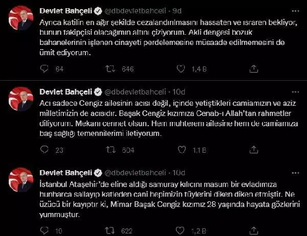 Bahçeli'den Başak Cengiz paylaşımı: Akli dengesi bozuk bahanelerinin cinayeti perdelemesine müsaade edilmemesini ümit ediyorum