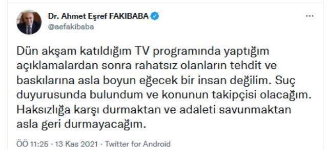 Şenyaşar ailesine 'terörist' dediği için utandığını söyleyen Fakıbaba: Tehdide boyun eğmem