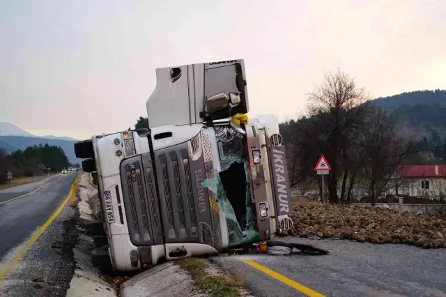Kamyon devrildi, şeker pancarları yola saçıldı: 1 yaralı