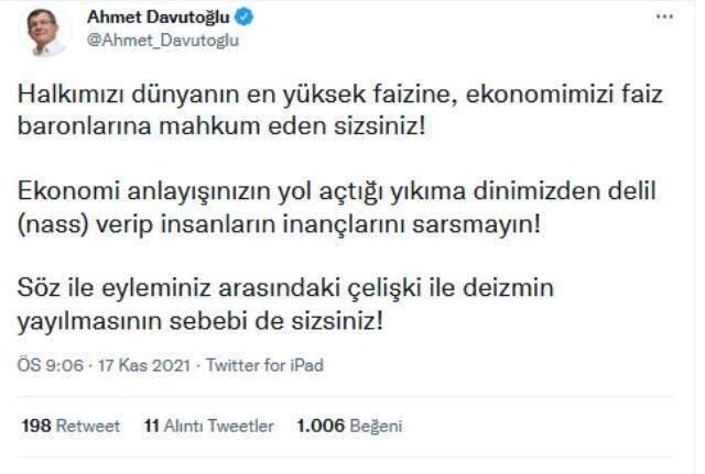 Davutoğlu'ndan Cumhurbaşkanı Erdoğan'ın faiz kelamlarına reaksiyon: İnsanların inançlarını sarsmayın