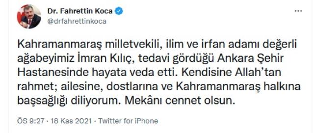 AK Parti Kahramanmaraş milletvekili İmran Kılıç hayatını kaybetti