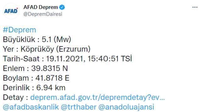 Son Dakika! Erzurum'un Köprüköy ilçesinde 5,1 büyüklüğünde bir deprem
