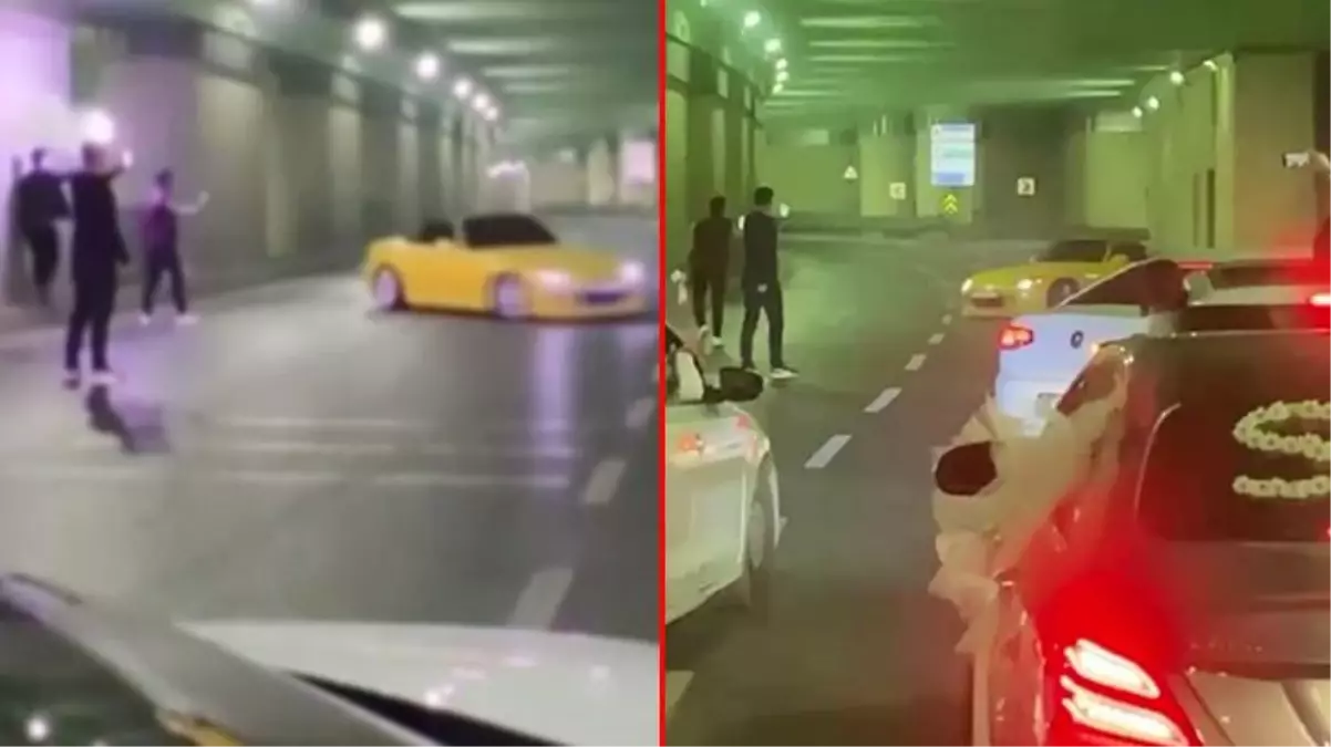 Düğün konvoyunda korkutan anlar kamerada! Trafiği durdurup drift yaptı