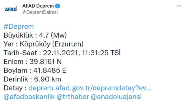 Son Dakika! Erzurum'da 4,7 büyüklüğünde bir deprem meydana geldi