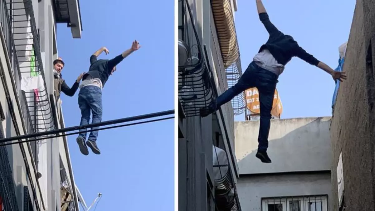 Eşine kızıp damdan atladı, komşusunun üzerine düştü! O anlar saniye saniye kamerada