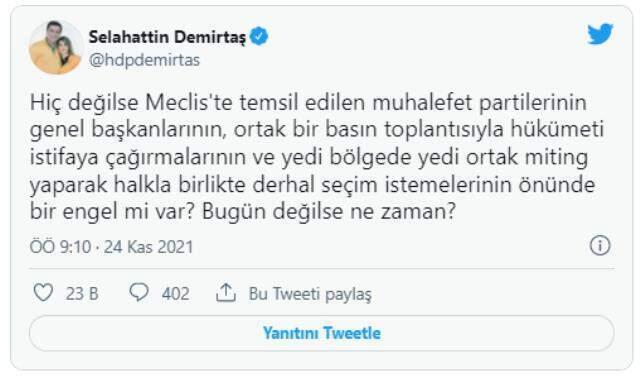 Selahattin Demirtaş'tan muhalefet partilerine ortak miting çağrısı: Bugün değilse ne zaman?