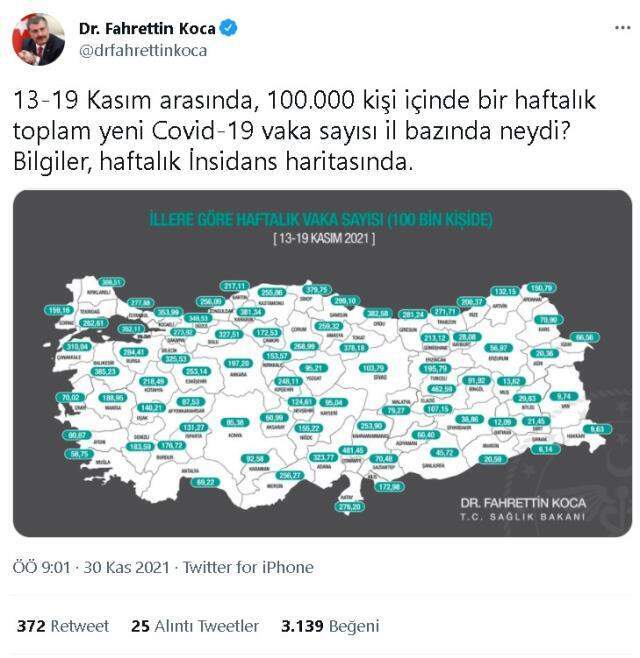 İl il koronavirüs vaka sayıları kaçtır? 13-19 Kasım İl il güncel koronavirüs risk haritası ve haftalık vaka sayıları açıklandı mı?