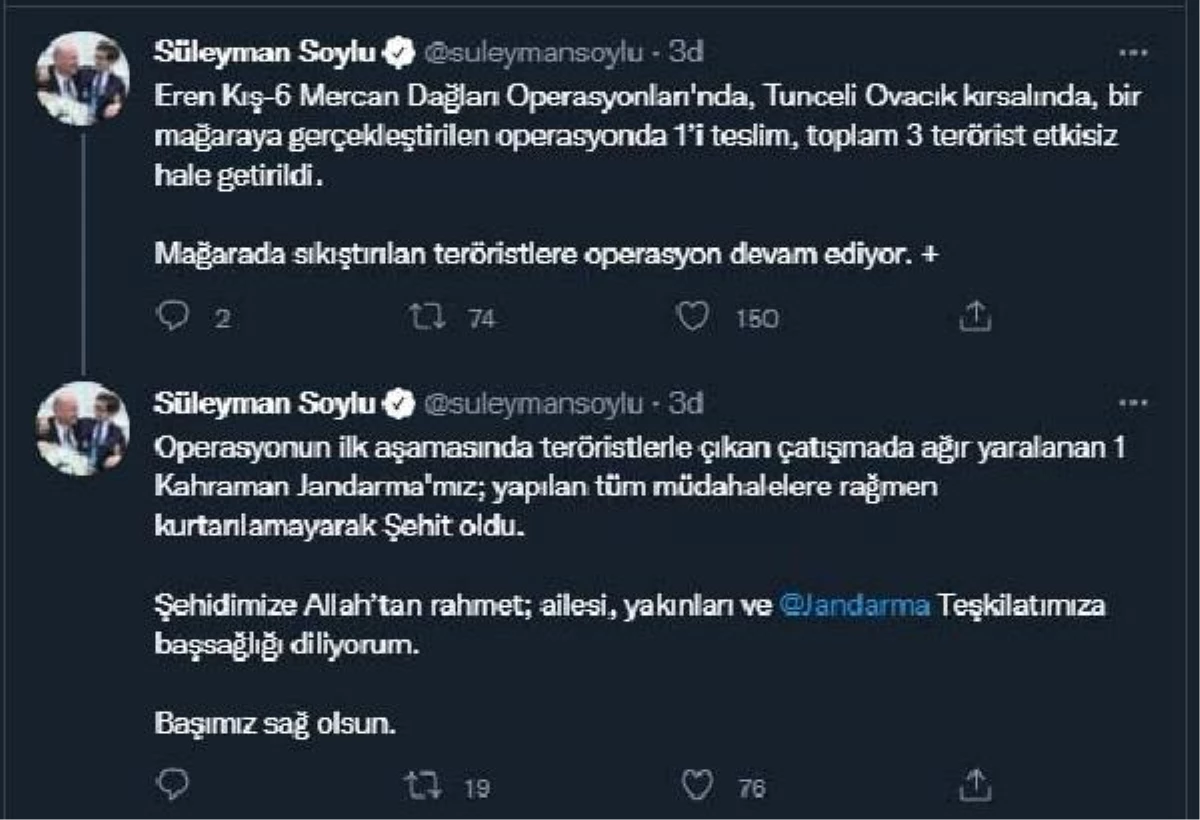 Son dakika haberleri! İçişleri Bakanı Soylu, Eren Kış-6 Operasyonu kapsamında Tunceli Ovacık kırsalında 3 teröristin etkisiz hale getirildiğini, 1 jandarma personelinin...