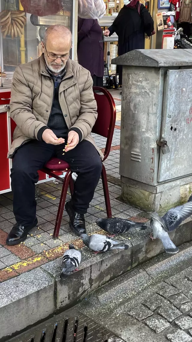 Geçim kaynağı simitlerini 13 yıldır güvercinlerle paylaşıyor