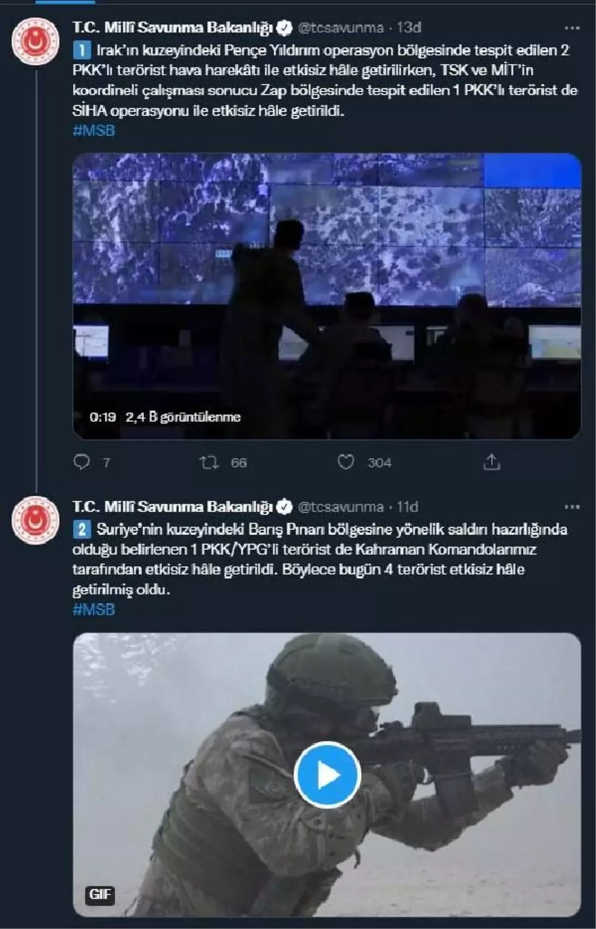 Irak ve Suriye'nin kuzeyinde düzenlenen operasyonlarda 4 terörist etkisiz hale getirildi