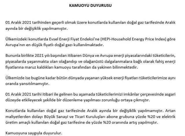 Sanayi ve elektrik üretiminde doğalgaza yüzde 20 zam
