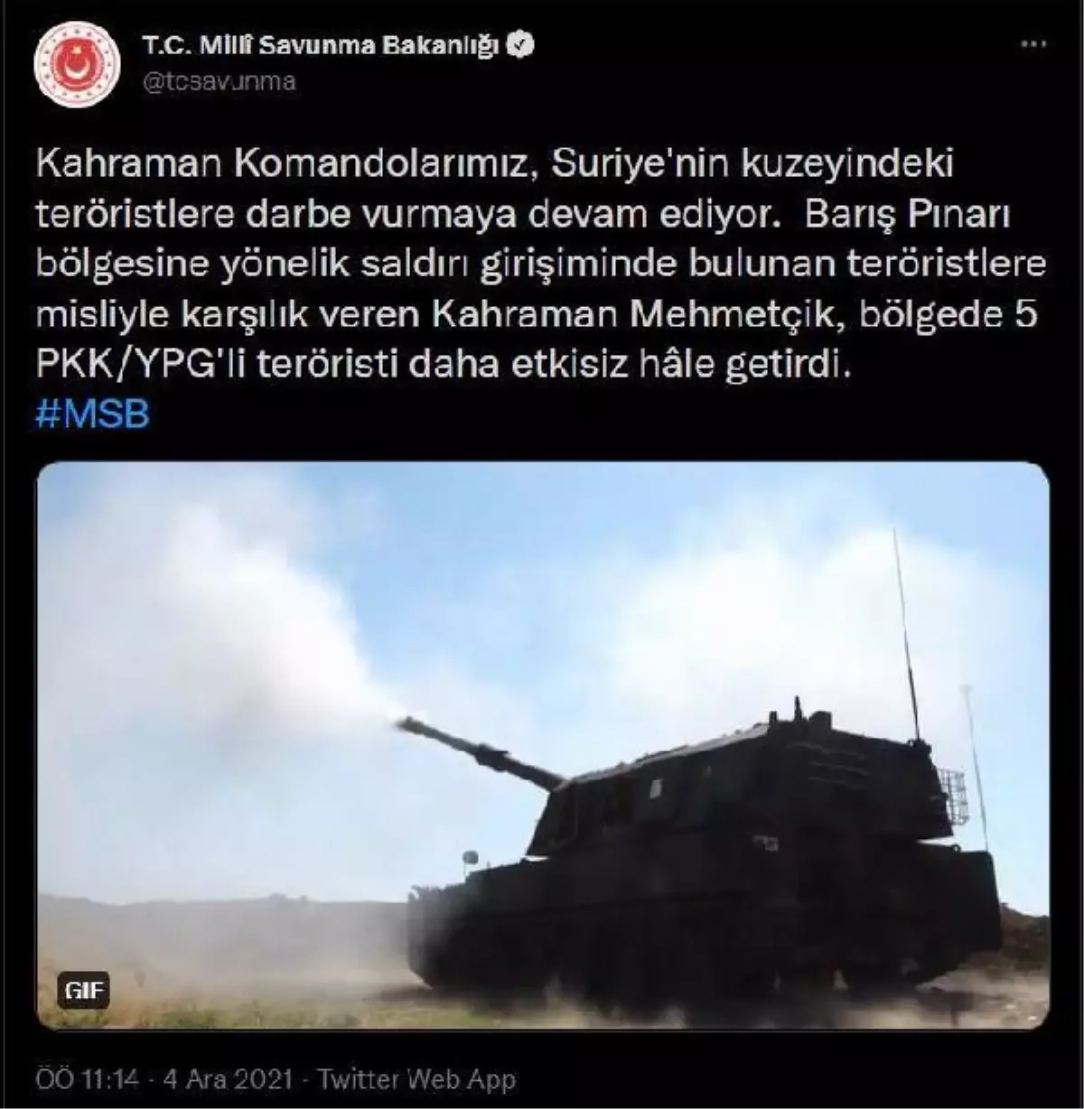Son dakika haber | Milli Savunma Bakanlığı, Barış Pınarı bölgesine yönelik saldırı girişiminde bulunan 5 PKK/YPG'li teröristin etkisiz hale getirildiğini bildirdi.