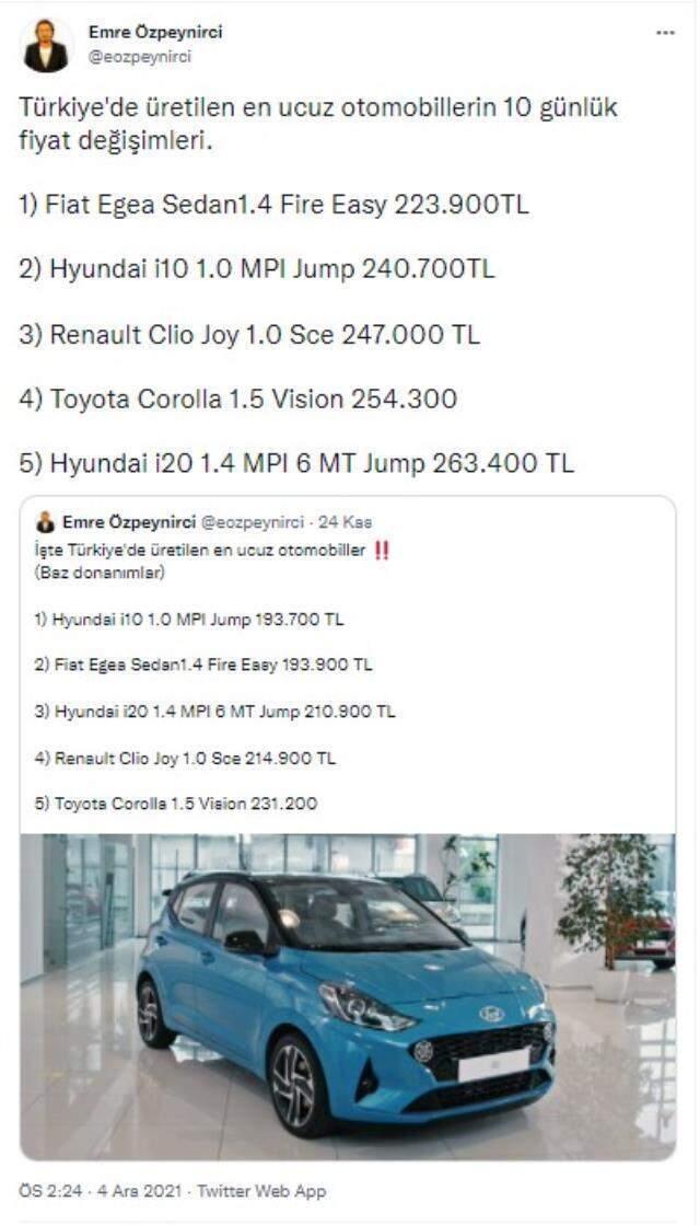 Türkiye'de üretilen araçların 10 günlük fiyat değişimi! Aynı marka ve model otomobilde 47 bin liralık artış var
