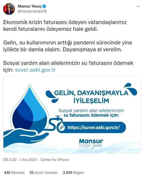Ankara Büyükşehir Belediyesi, ihtiyaç sahibi vatandaşlara yardım kampanyası başlattı