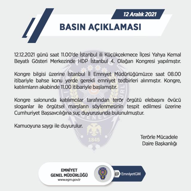 HDP'nin İstanbul kongresinde terör örgütü PKK'nın marşının okunmasına Emniyet'ten suç duyurusu