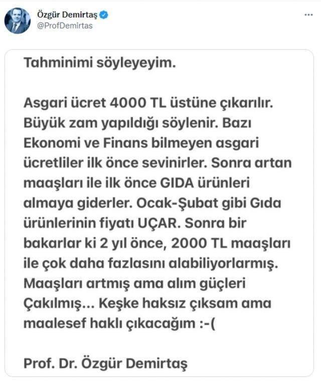 Özgür Demirtaş'tan ezber bozan yorum: Asgari ücret 4 bin TL'nin üzerine çıkmasın