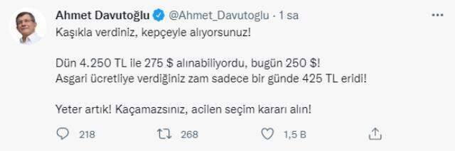 Davutoğlu'ndan asgari ücret tepkisi: Verdiğiniz zam sadece bir günde 425 TL eridi