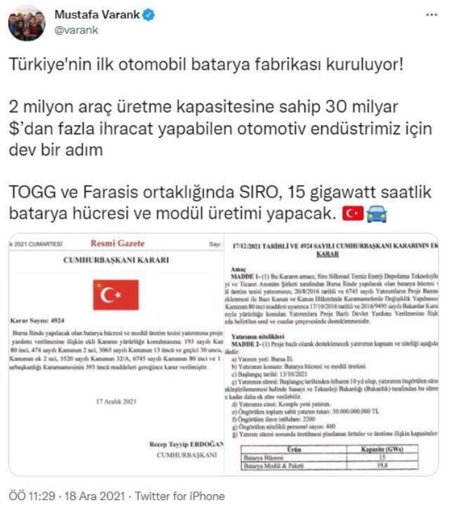 Son dakika! Bakan Varank, batarya hcresi ve modl retim yatrmna verilecek devlet yardmn deerlendirdi Aklamas