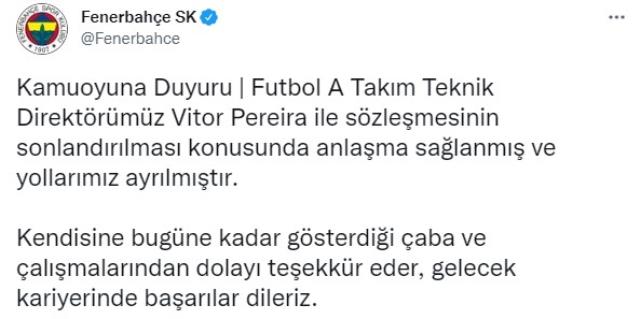 Son Dakika: Fenerbahçe, teknik direktör Vitor Pereira'nın sözleşmesini feshetti