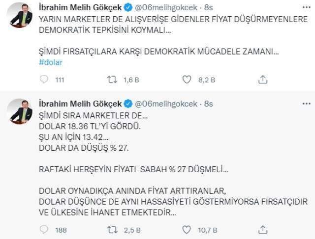 Dolar düştü, Melih Gökçek Twitter'da coştu: Şimdi sıra marketlerde, fiyatları düşürmeyen fırsatçıdır