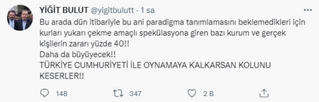 Doların çakılmasıyla Yiğit Bulut kur spekülatörlerini hedef aldı: Türkiye Cumhuriyeti ile oynamaya kalkarsan kolunu keserler Doların çakılmasıyla Yiğit Bulut kur spekülatörlerini hedef aldı: Türkiye Cumhuriyeti ile oynamaya kalkarsan kolunu keserler