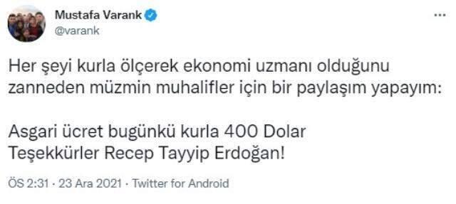 Bakan Varank'ın hesabı 2,5 saatte bozuldu! Paylaşımının ardından asgari ücret 26 dolar birden eridi