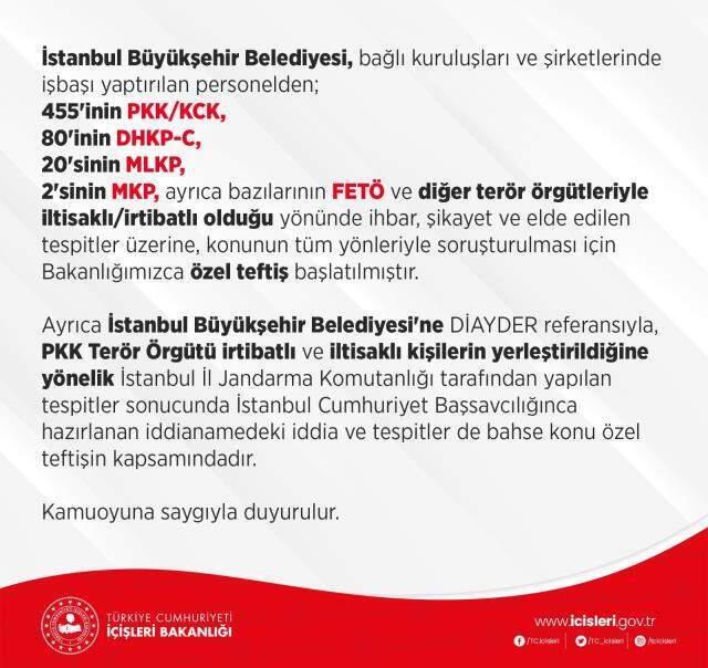 Son Dakika: İçişleri Bakanlığı, İBB'de işbaşı yaptırılan 557 kişinin terör örgütü iltisaklı olduğu iddialarına özel teftiş başlattı