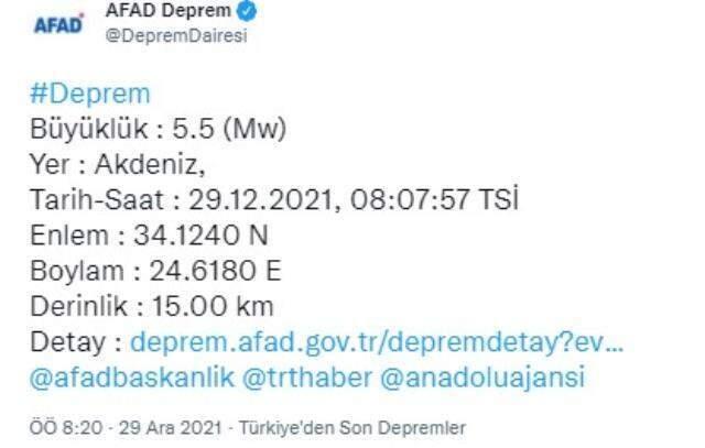 Son Dakika! Girit Adası yakınlarında 5,5 büyüklüğünde bir deprem meydana geldi