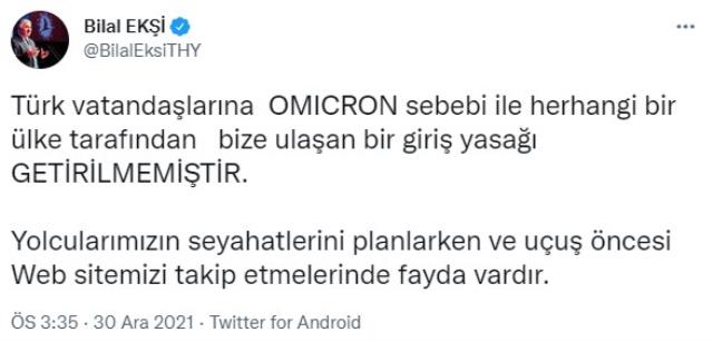 Son Dakika: THY, 'Omicron varyantı nedeniyle 7 Avrupa ülkesi Türk yolcuları kabul etmeyecek' haberlerini yalanladı