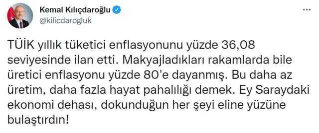 Kılıçdaroğlu'ndan TÜİK'in enflasyon verilerine tepki: Makyajladıkları rakamlarda bile üretici enflasyonu yüzde 80'e dayanmış