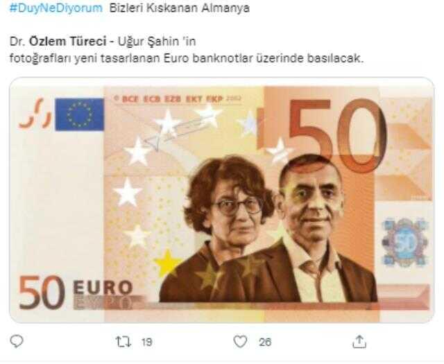 BioNTech aşısının mucitleri Özlem Türeci ve Uğur Şahin'in fotoğrafının euro banknotlarda yer alacağı iddiası BioNTech aşısının mucitleri Özlem Türeci ve Uğur Şahin'in fotoğrafının euro banknotlarda yer alacağı iddiası