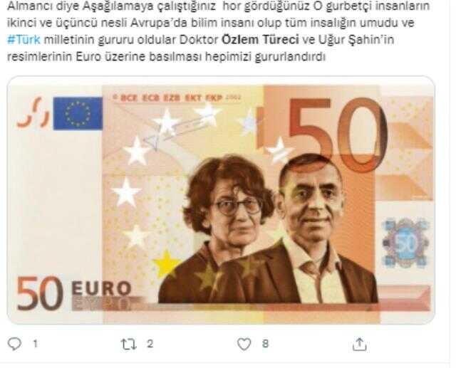 BioNTech aşısının mucitleri Özlem Türeci ve Uğur Şahin'in fotoğrafının euro banknotlarda yer alacağı iddiası BioNTech aşısının mucitleri Özlem Türeci ve Uğur Şahin'in fotoğrafının euro banknotlarda yer alacağı iddiası