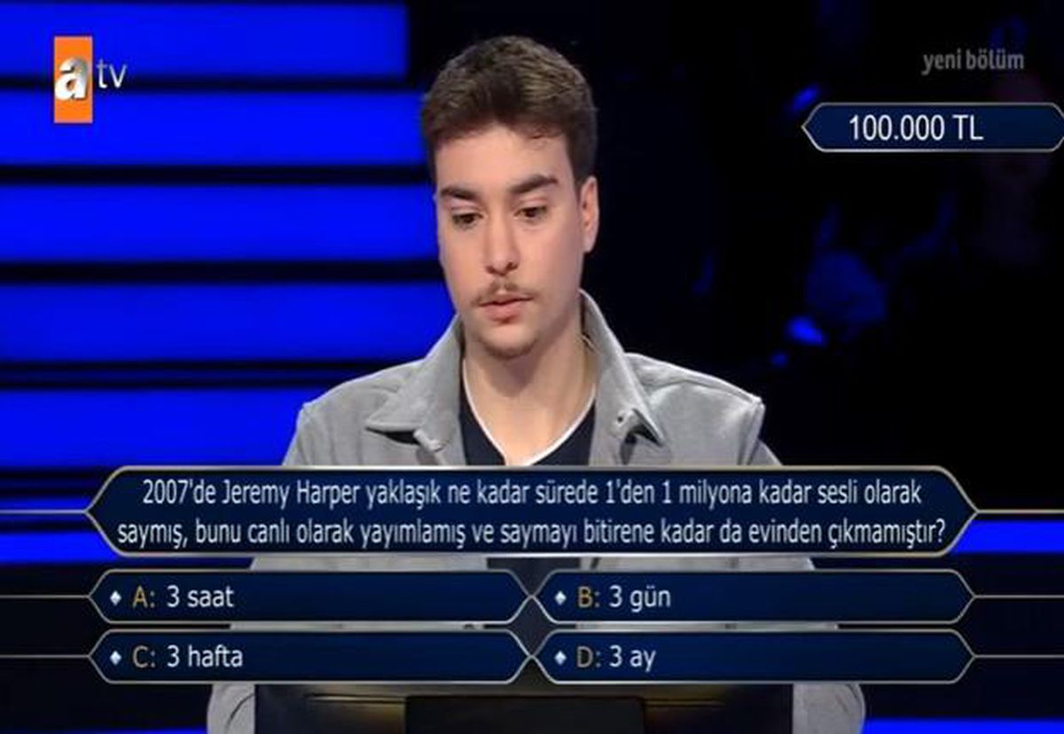 (2007'de Jeremy Harper yaklaşık ne kadar sürede...) Kim Milyoner Olmak İster 7 Ocak Sorusu Cevabı Nedir? Kim Milyoner Olmak İster 100 Bin TL'lik soru!