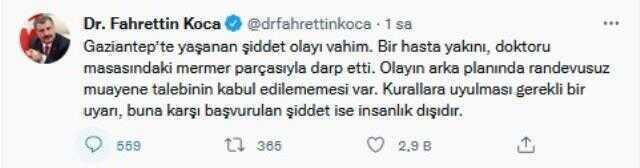 Hasta yakını doktora mermerle saldırı, Bakan Koca çok sert çıktı