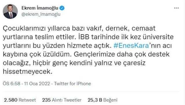 İntiharıyla Türkiye'yi yasa boğan Enes Kara için İmamoğlu ve Mansur Yavaş'tan ilk açıklama