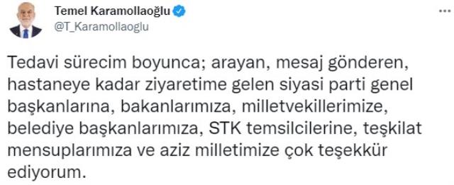 Korona geçiren Karamollaoğlu, kendisine geçmiş olsun diyenlere tek tek teşekkür etti! Bahçeli'nin olmaması dikkat çekti